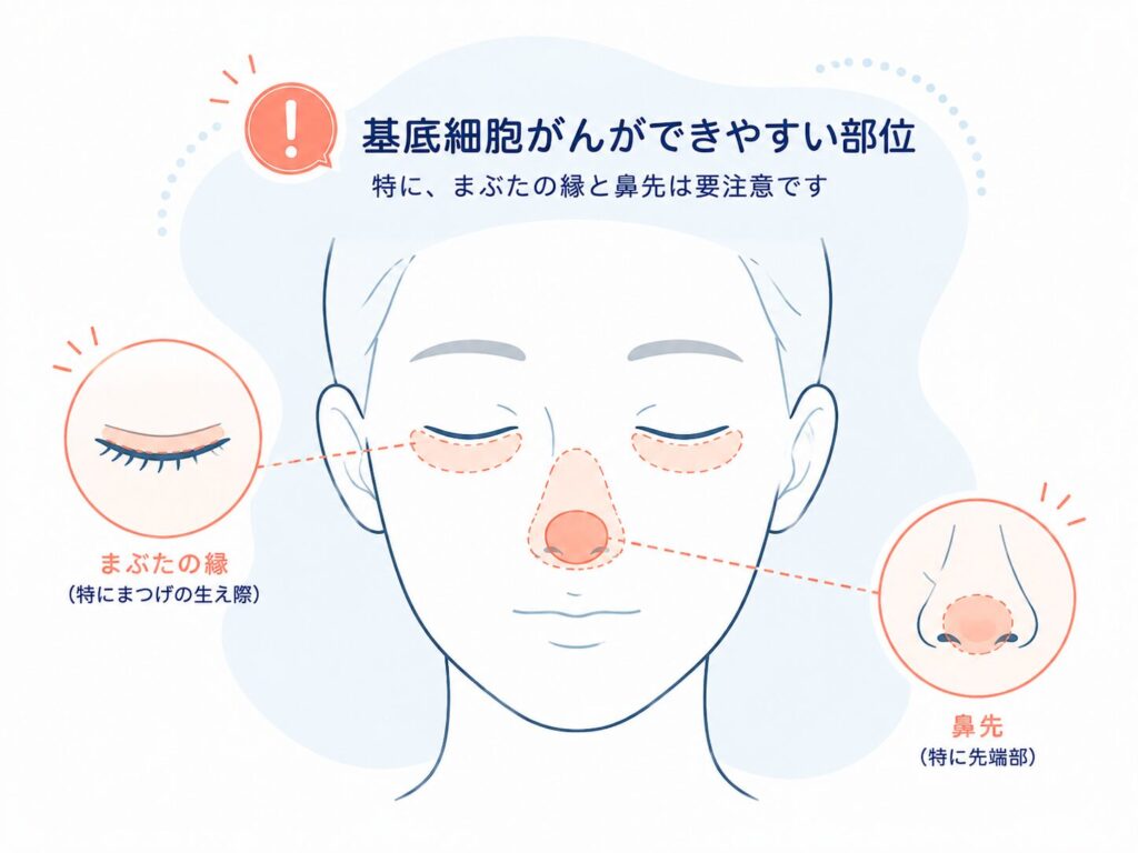 基底細胞癌は下瞼や鼻にできやすい皮膚癌です。
