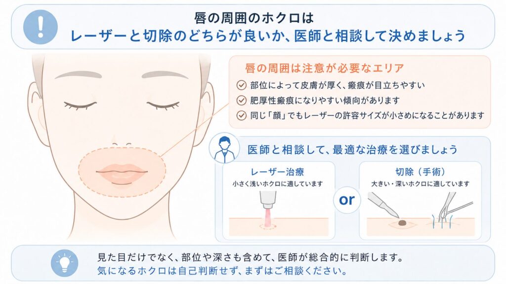 唇周囲のほくろはレーザーと切除のどちらを選択するべきか悩ましいことを解説。医師と相談して決めましょう。