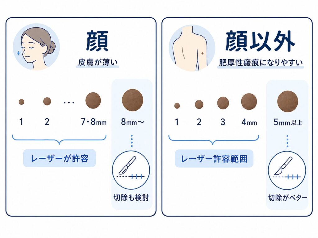 顔かそれ以外かで、ホクロの処置は判断基準が変わることを図説。
